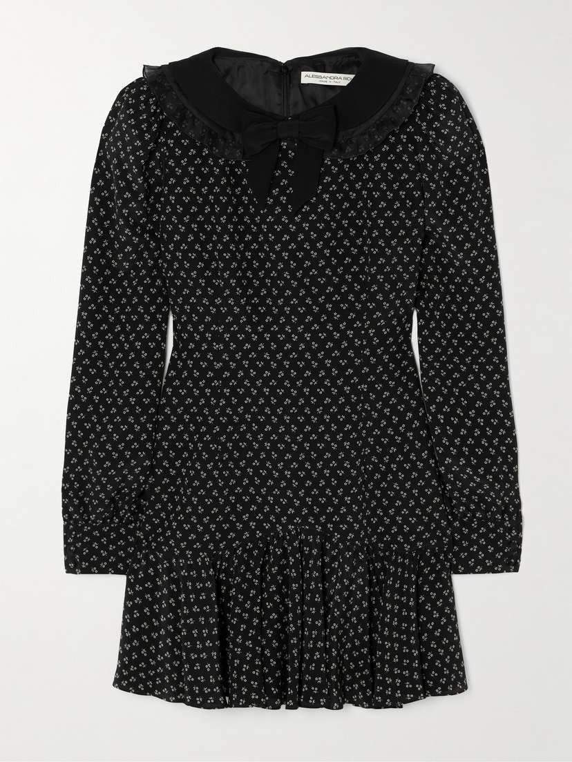 Alessandra Rich Ruffled Velvet And Tulle-trimmed Floral-print Silk Crepe De Chine Mini Dress