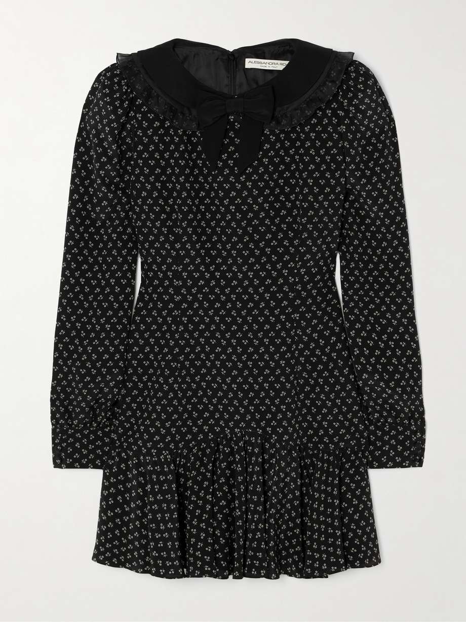ruffled velvet and tulle-trimmed floral-print silk crepe de chine mini dress