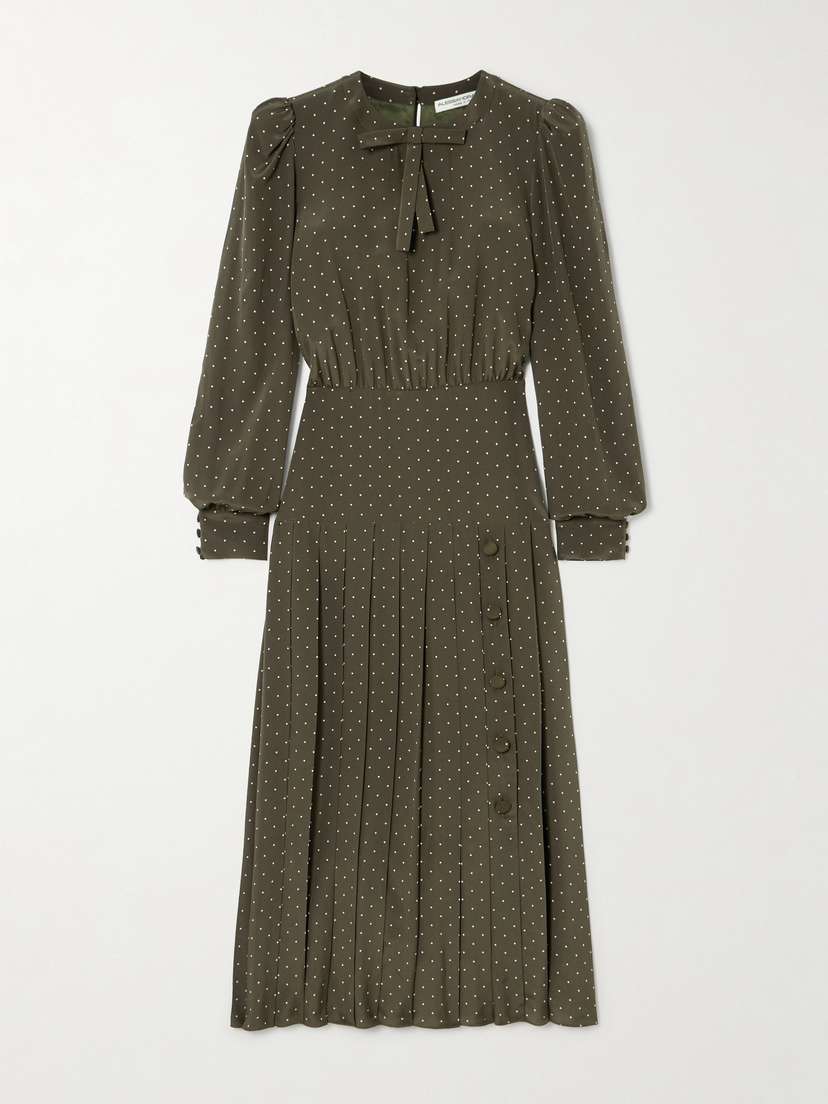 Alessandra Rich Bow-detailed Polka-dot Silk Crepe De Chine Midi Dress