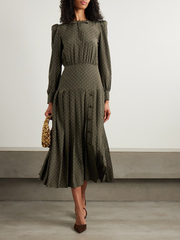 Alessandra Rich Bow-detailed polka-dot silk crepe de chine midi dress