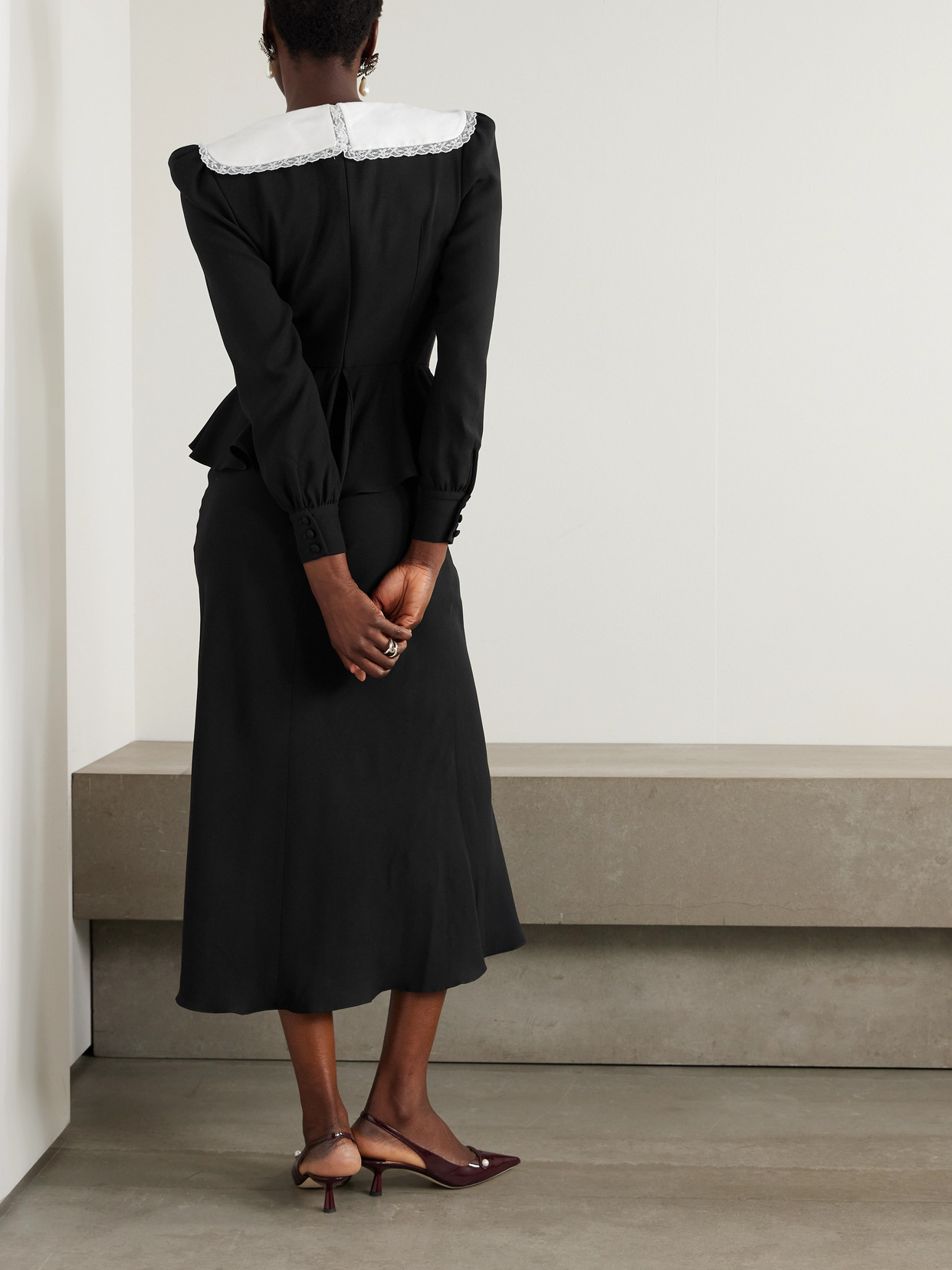 Alessandra Rich Envers Lace And Mikado-trimmed Crepe De Chine Peplum Midi Dress In Black