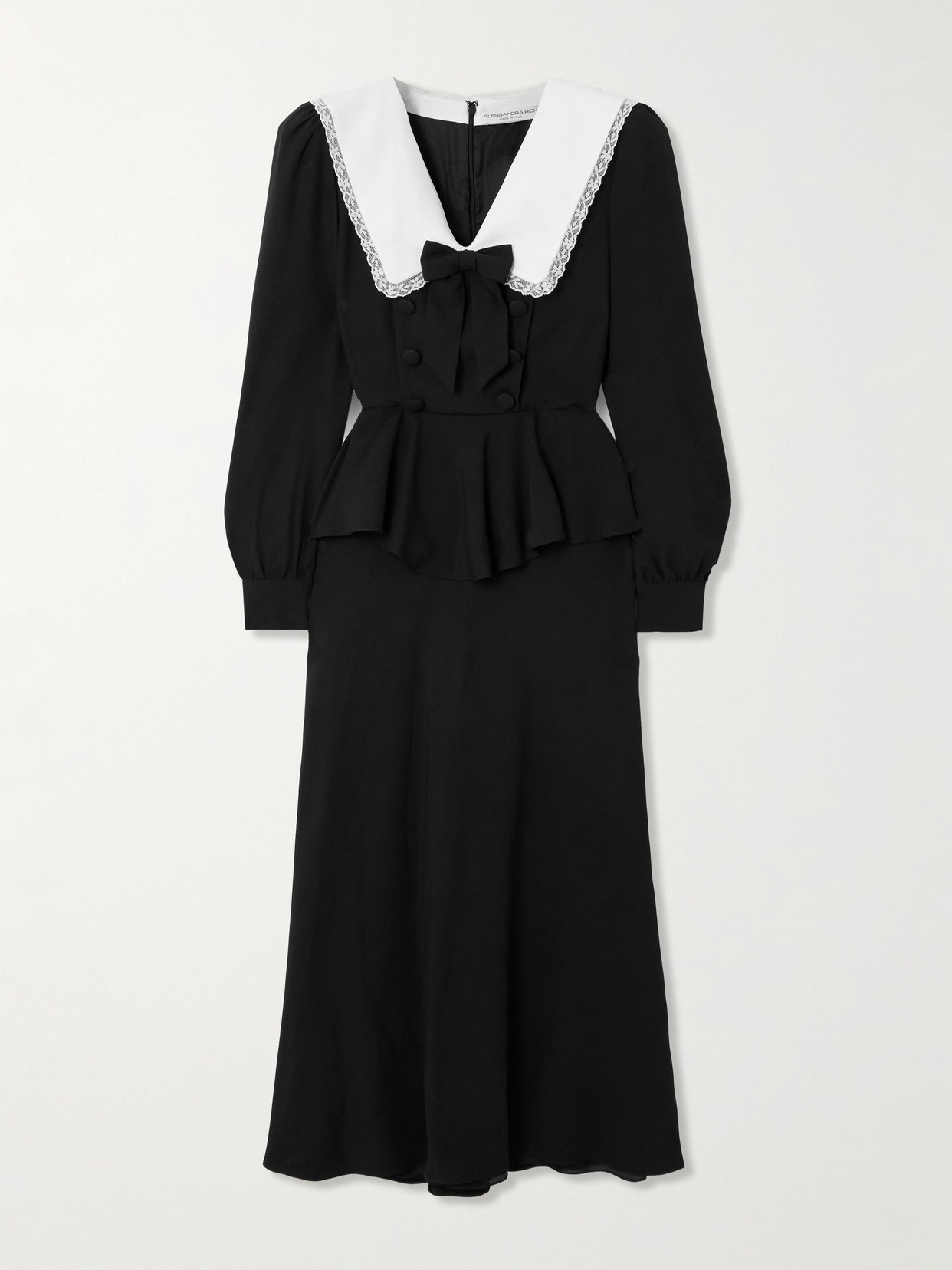 Alessandra Rich Envers Lace And Mikado-trimmed Crepe De Chine Peplum Midi Dress In Black