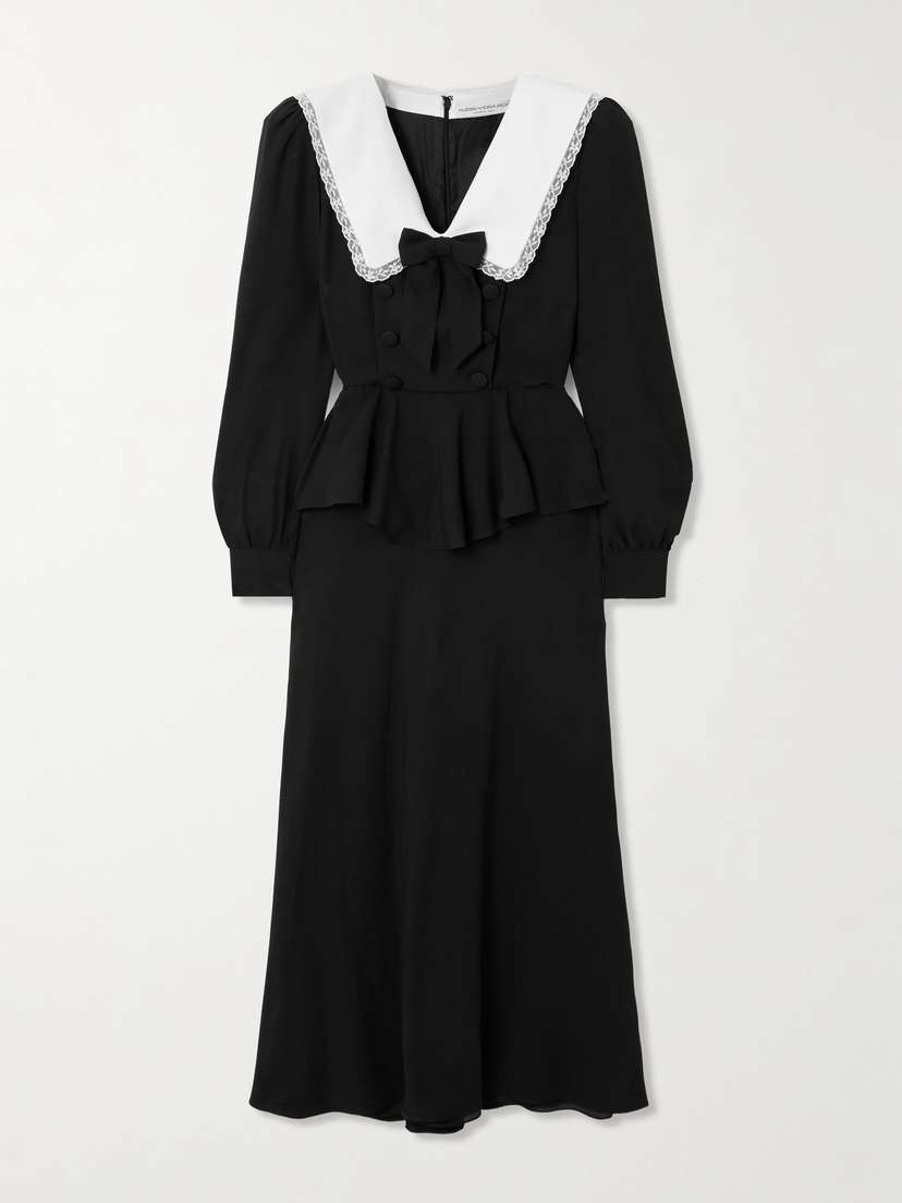 Alessandra Rich Envers Lace And Mikado-trimmed Crepe De Chine Peplum Midi Dress