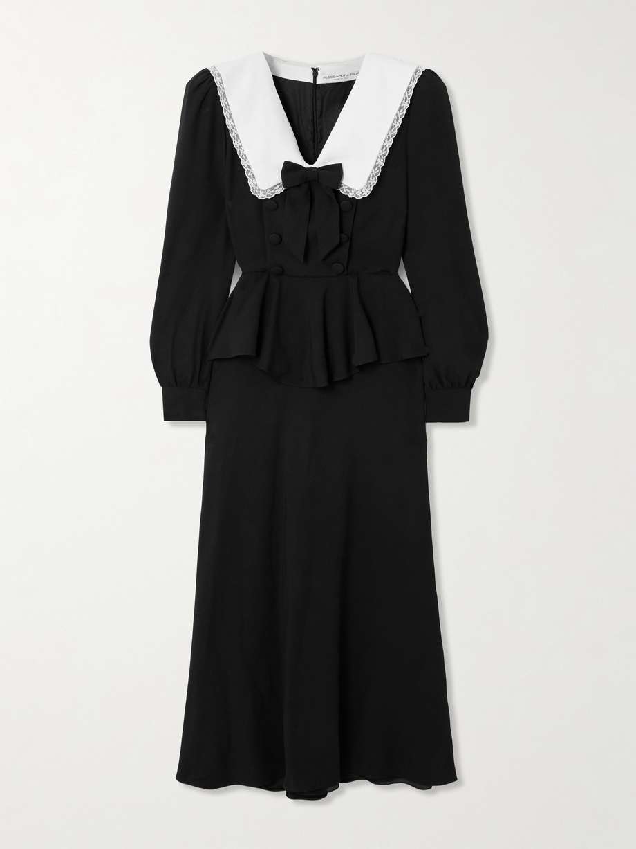 envers lace and mikado-trimmed crepe de chine peplum midi dress