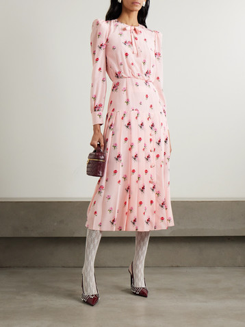 Alessandra Rich Bow-detailed floral-print silk crepe de chine midi dress