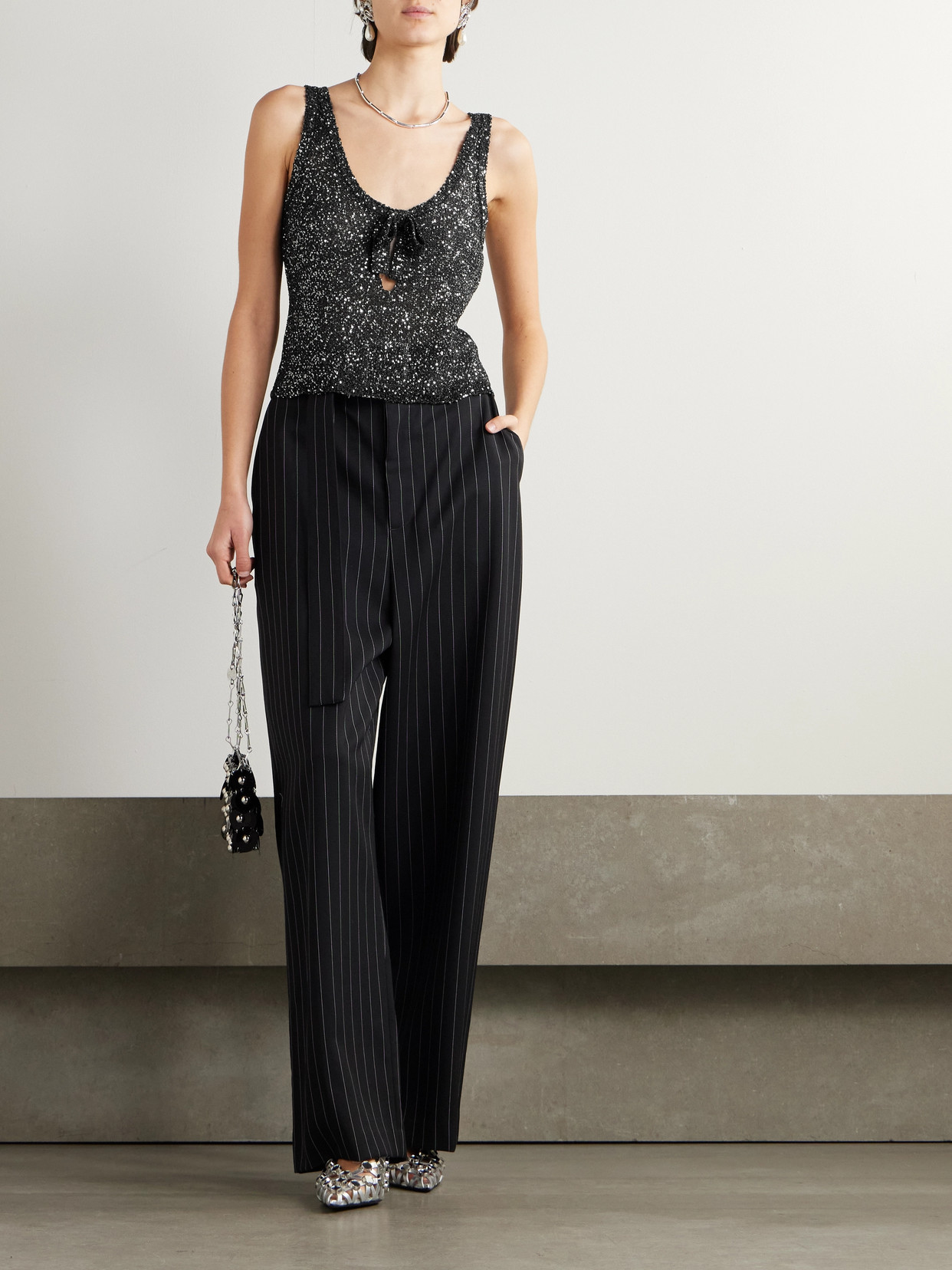 Alessandra Rich Tie-detailed Sequined Knitted Tank In Silver