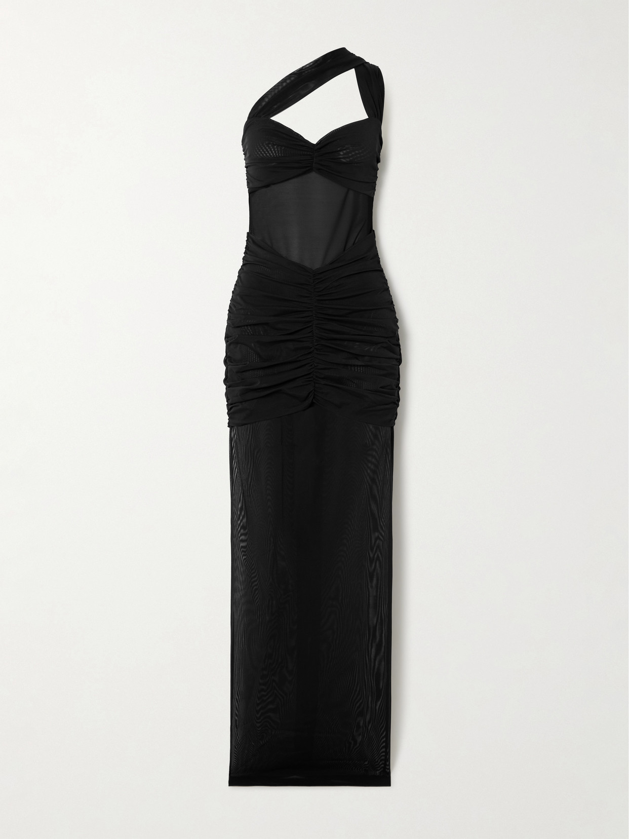Alessandra Rich One-shoulder Ruched Stretch-mesh Gown In Black