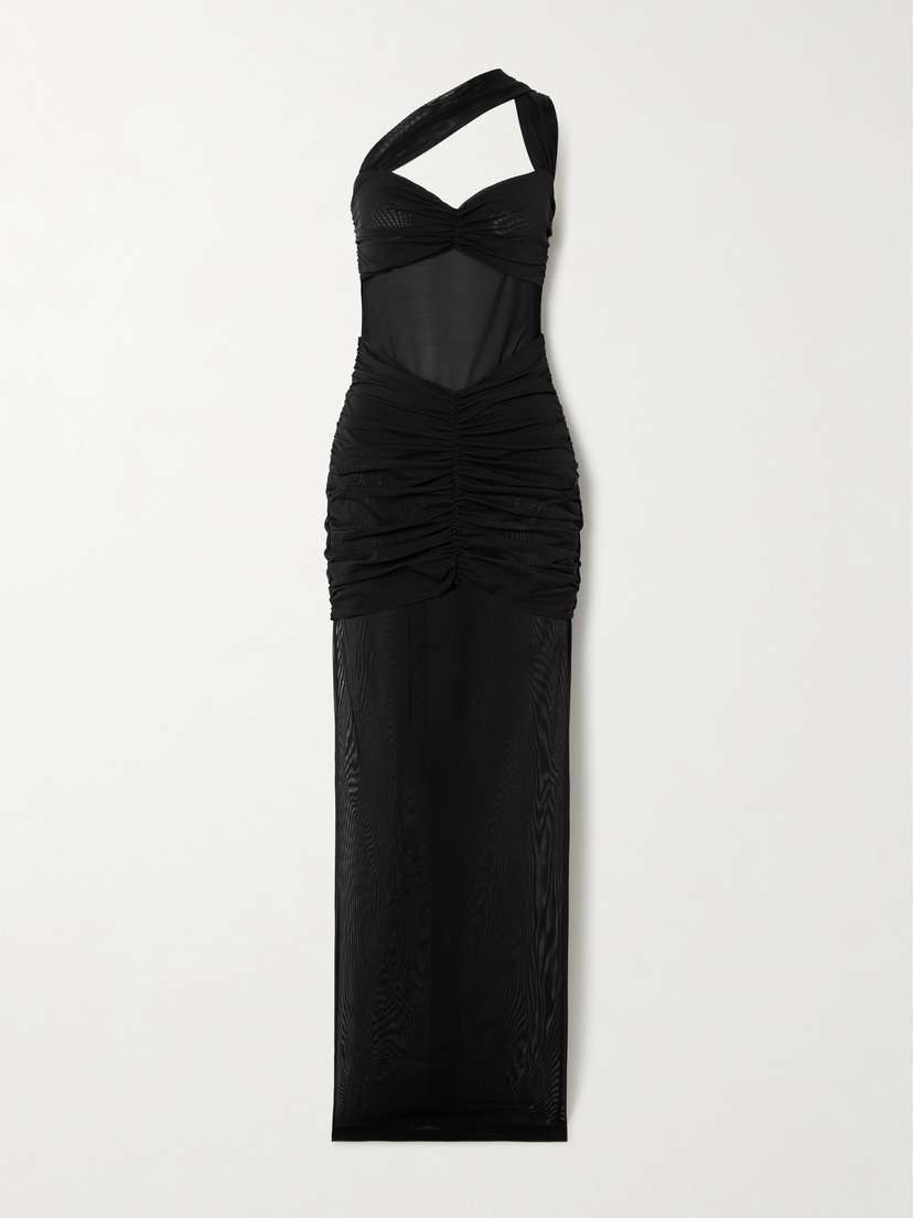 Alessandra Rich One-shoulder Ruched Stretch-mesh Gown