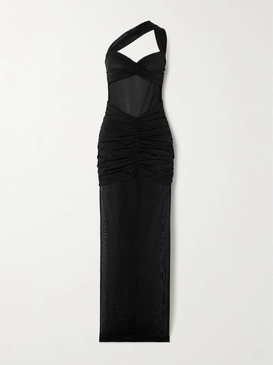 one-shoulder ruched stretch-mesh gown