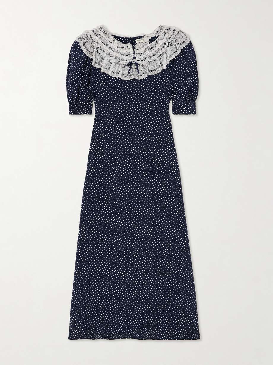 lace-trimmed polka-dot silk crepe de chine midi dress