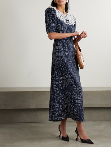 Alessandra Rich Lace-trimmed polka-dot silk crepe de chine midi dress