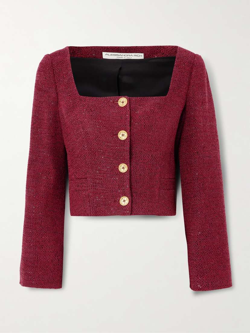 Alessandra Rich Cropped Sequin-embellished Tweed Jacket