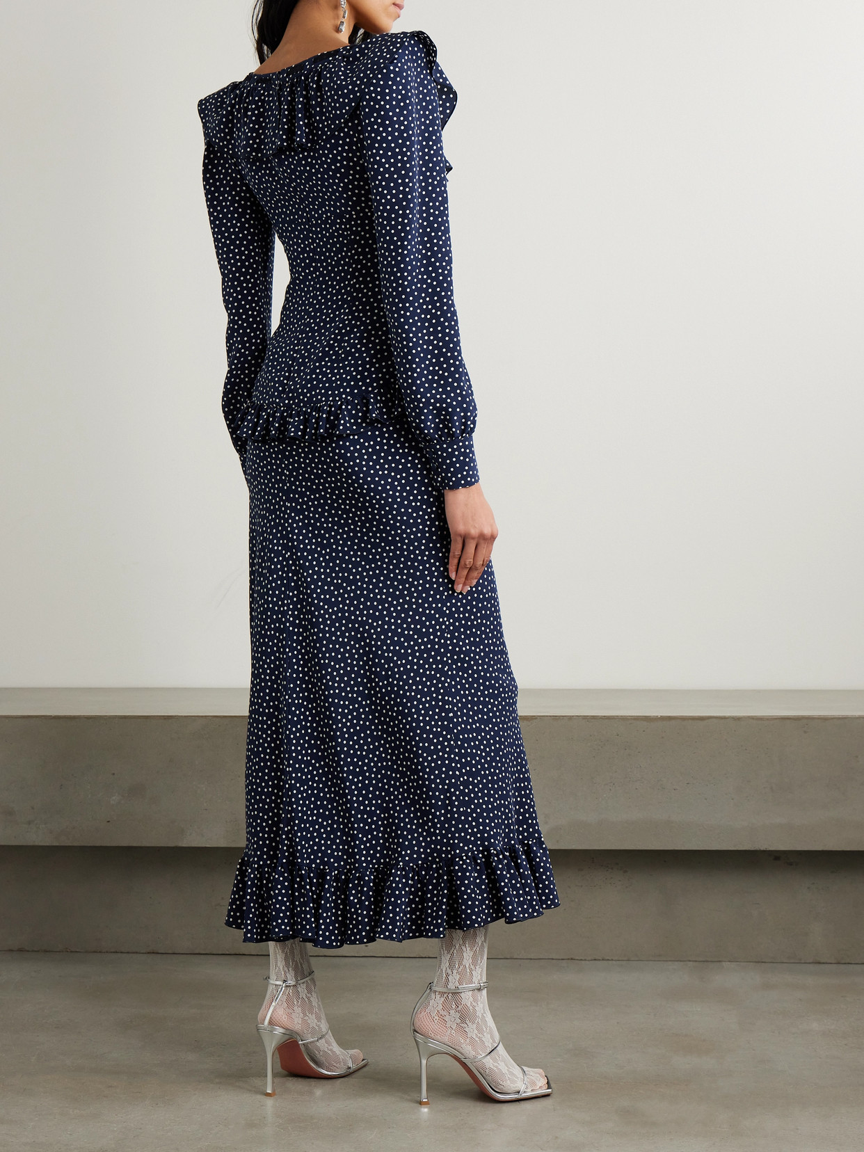 Alessandra Rich Ruffled Polka-dot Silk Crepe De Chine Midi Dress In Blue
