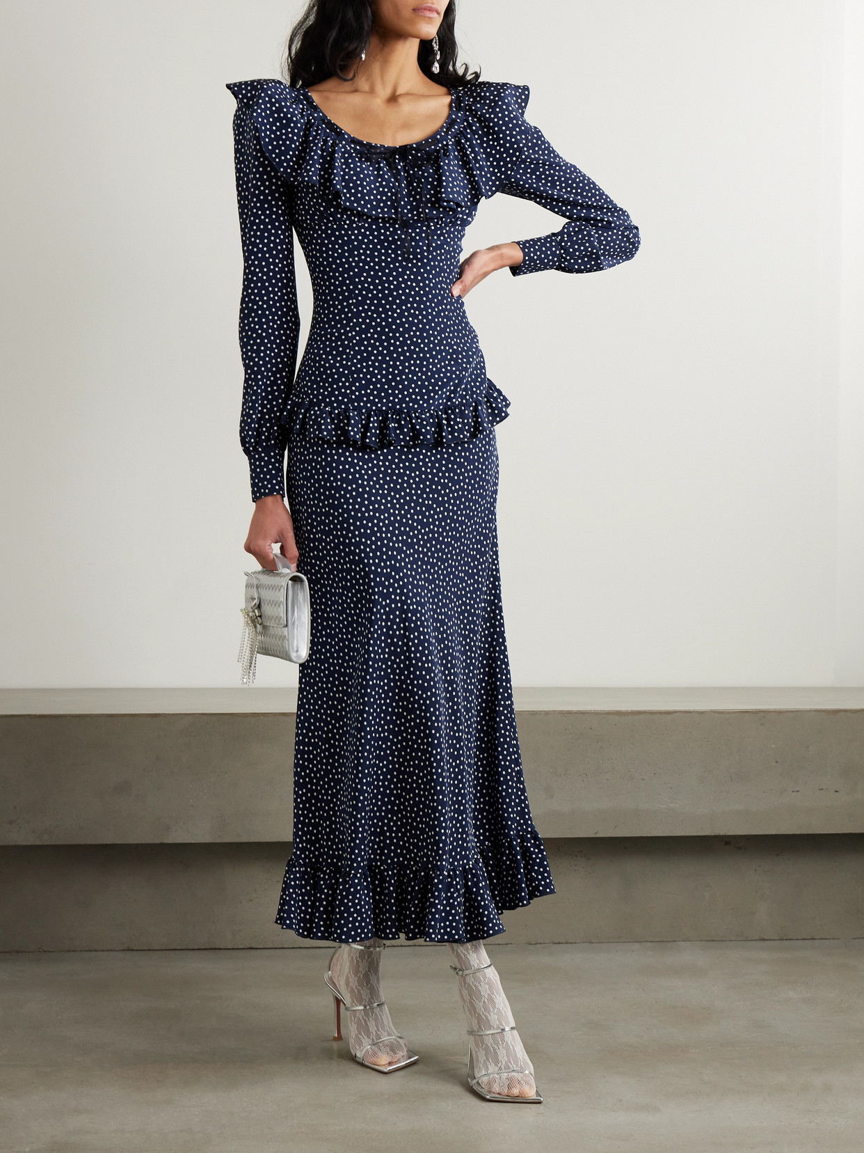 Alessandra Rich Ruffled Polka-dot Silk Crepe De Chine Midi Dress In Blue