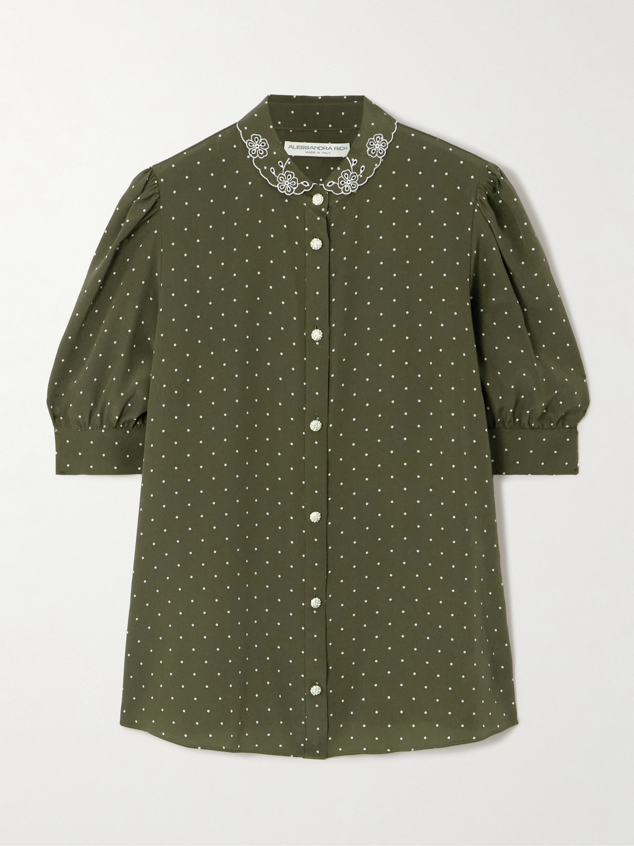 Alessandra Rich Embroidered Polka-dot Silk-crepe Blouse In Green