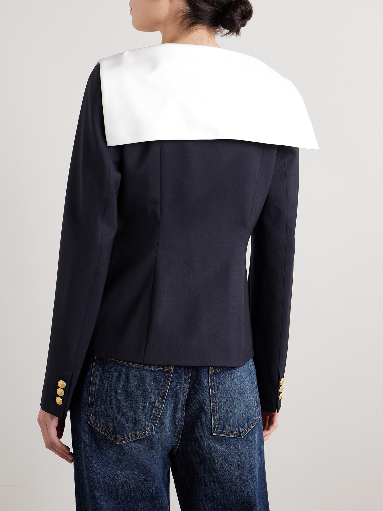 Alessandra Rich Wool Blazer With Contrasting Collar And Gold Buttons In Blue