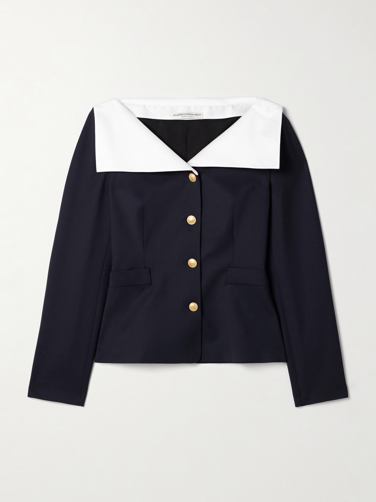 Alessandra Rich Wool Blazer With Contrasting Collar And Gold Buttons In Blue