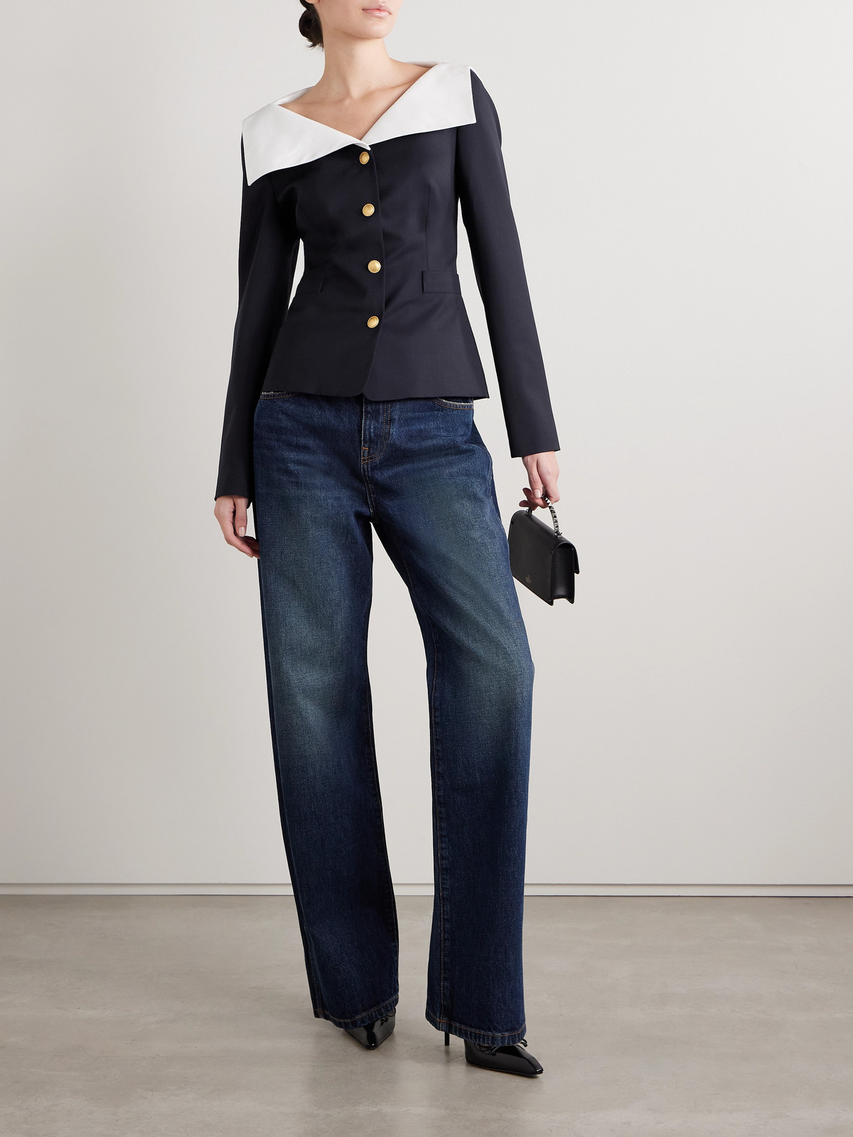 Alessandra Rich Wool Blazer With Contrasting Collar And Gold Buttons In Blue