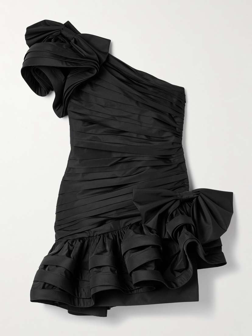 Alessandra Rich One-shoulder Bow-embellished Ruched Taffeta Mini Dress