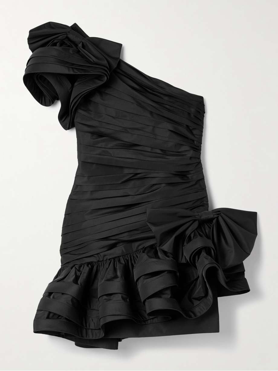 one-shoulder bow-embellished ruched taffeta mini dress