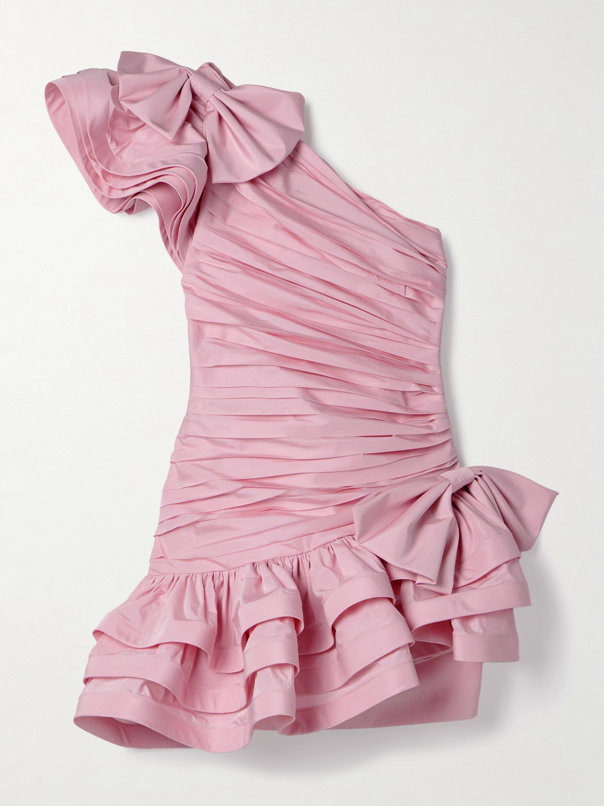 Alessandra Rich One-shoulder Bow-embellished Ruched Taffeta Mini Dress In Pink