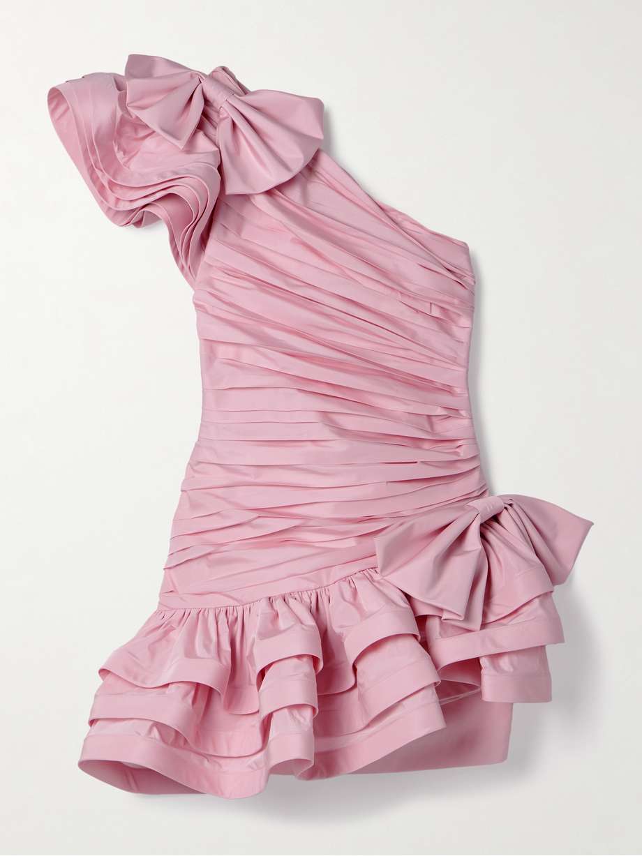 one-shoulder bow-embellished ruched taffeta mini dress
