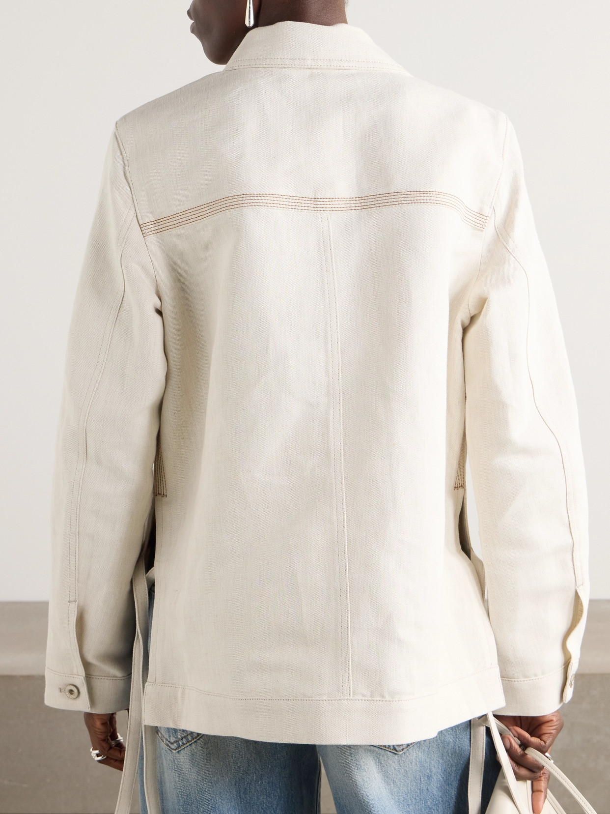Loewe Asymmetric Leather-trimmed Cotton And Linen-blend Drill Jacket In Cream