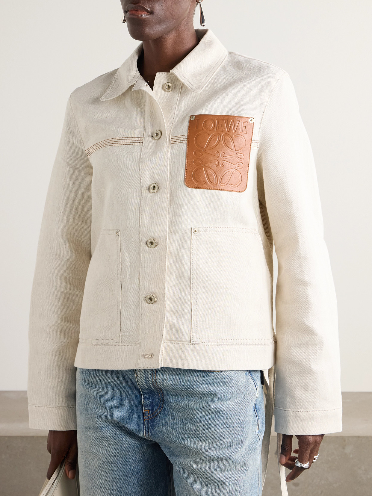 Loewe Asymmetric Leather-trimmed Cotton And Linen-blend Drill Jacket In Cream