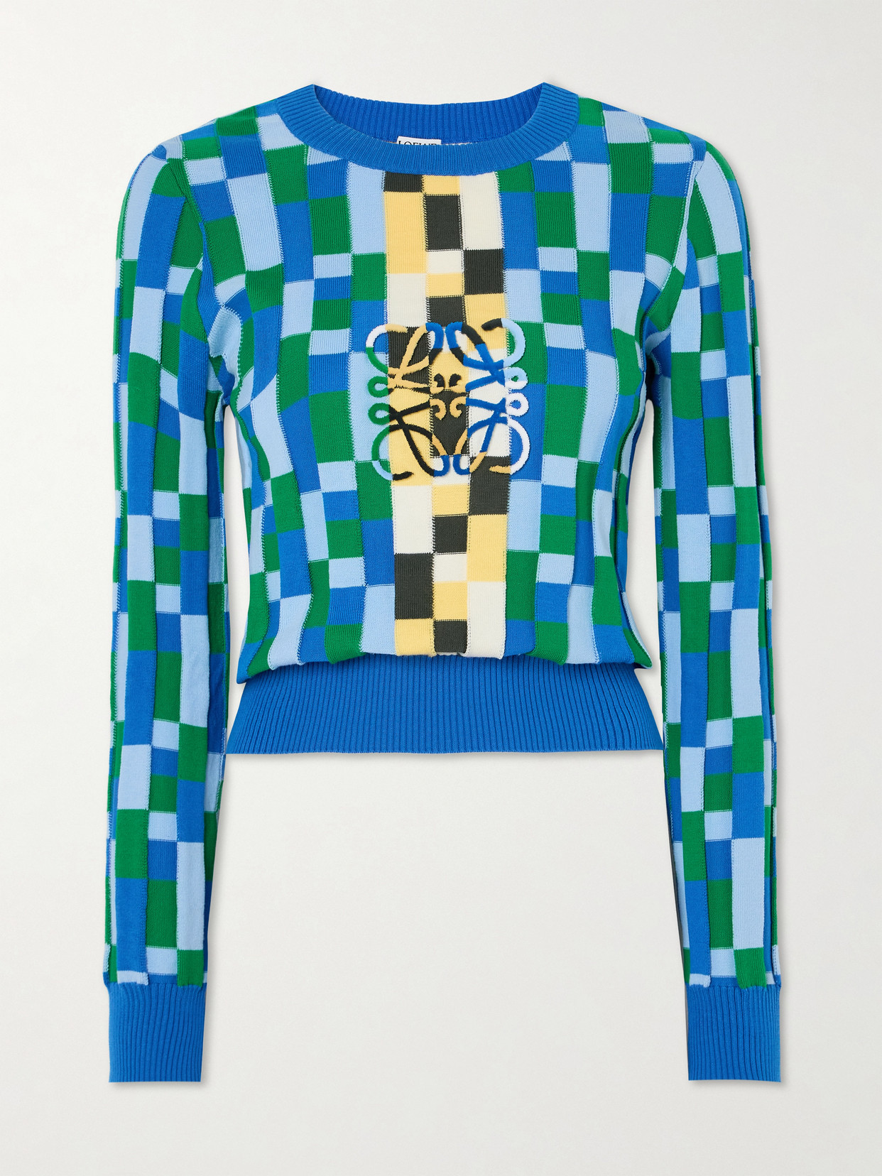 LOEWE - Anagram Appliquéd Checked Intarsia Cotton Sweater - Blue