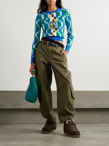 Loewe Anagram appliquéd checked intarsia cotton sweater