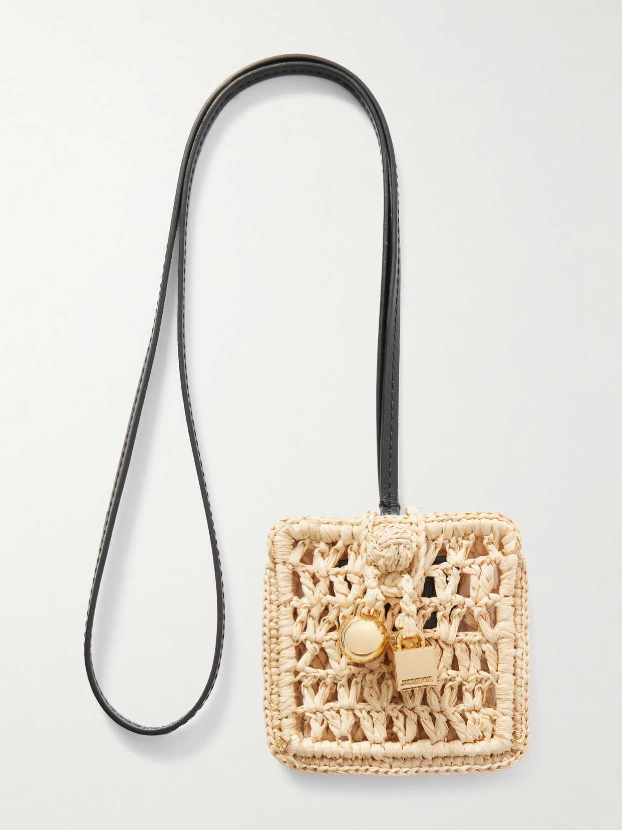 Jacquemus Porte Spiaggia Embellished Raffia And Leather Earbud Case In Neutrals