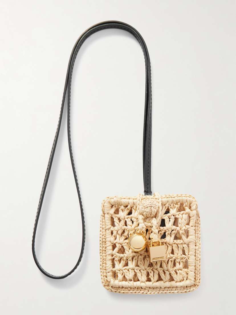 Jacquemus Porte Spiaggia Embellished Raffia And Leather Earbud Case