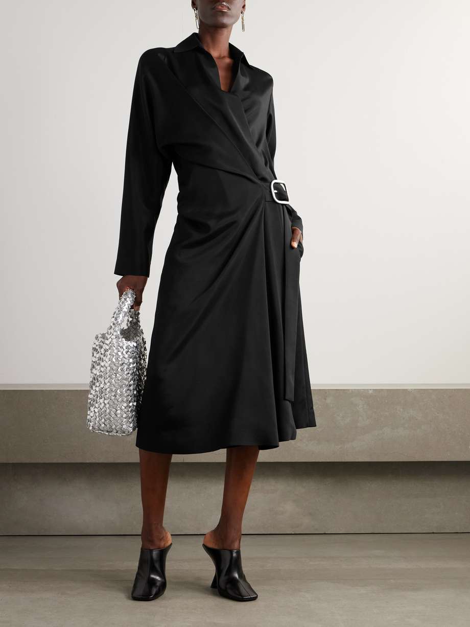 wrap-effect belted woven midi shirt dress