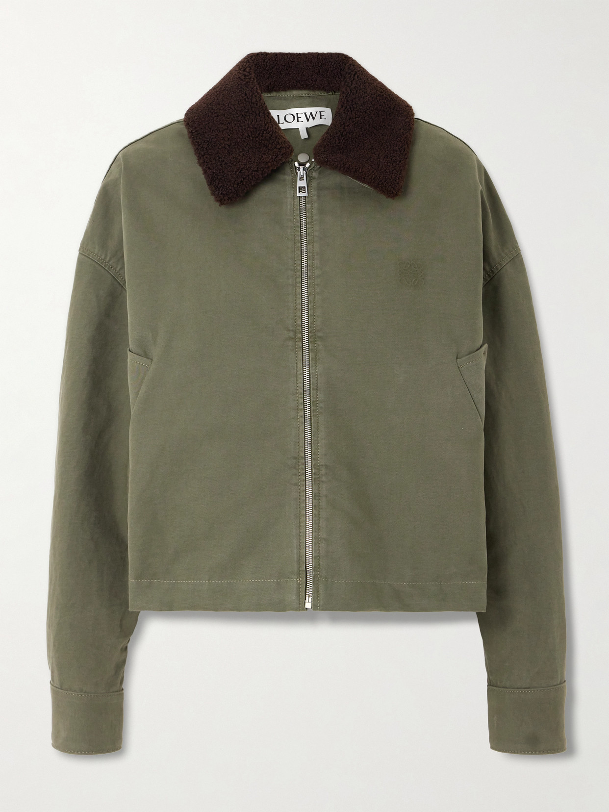 Loewe Shearling-trimmed Cotton-drill Jacket In Green