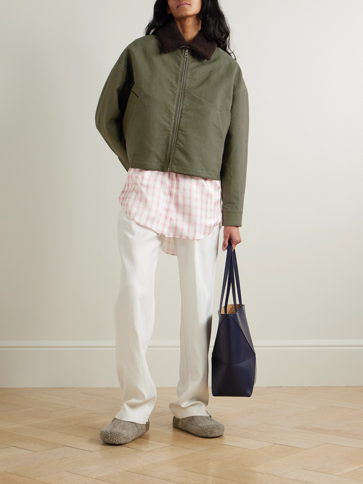 Loewe Shearling-trimmed Cotton-drill Jacket In Green
