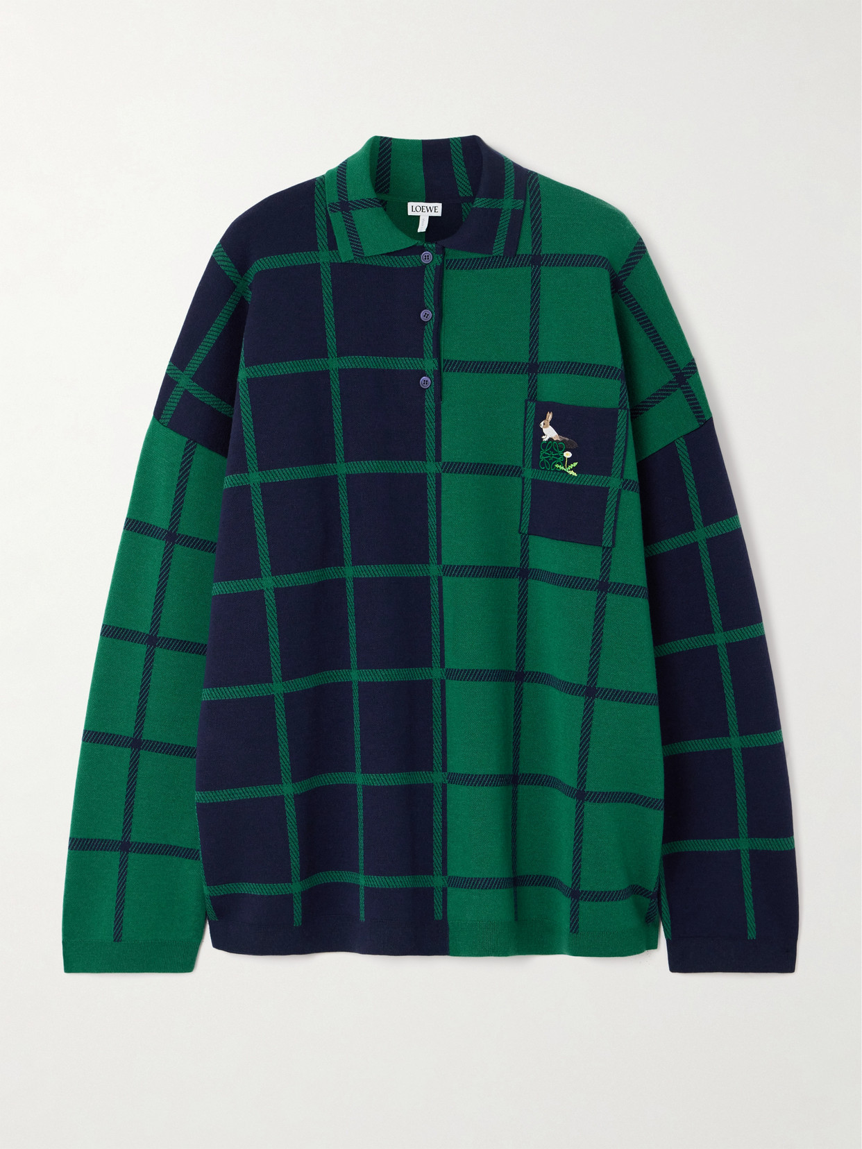 Loewe + Suna Fujita Embroidered Checked Knitted Polo Shirt In Green
