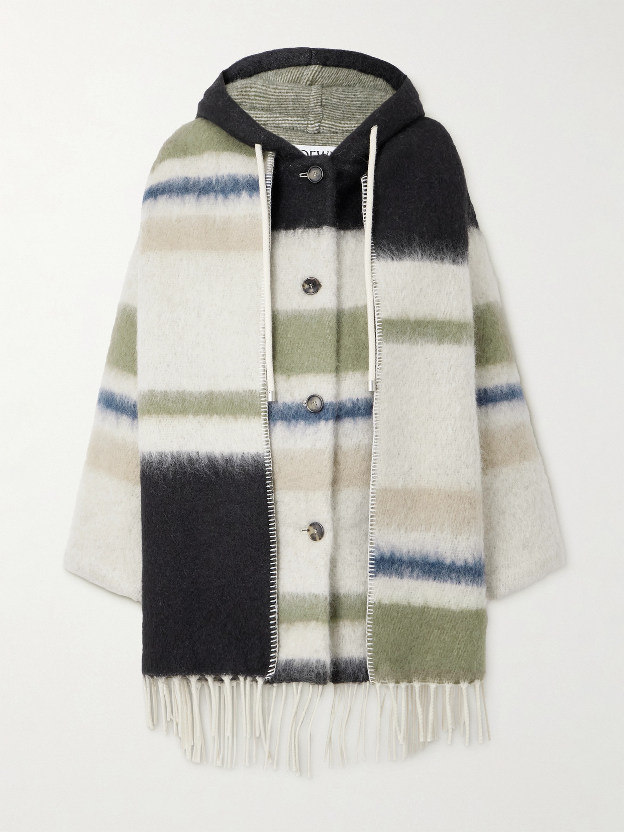 Loewe Hooded Fringed Scarf-detailed Striped Wool-blend Coat In White