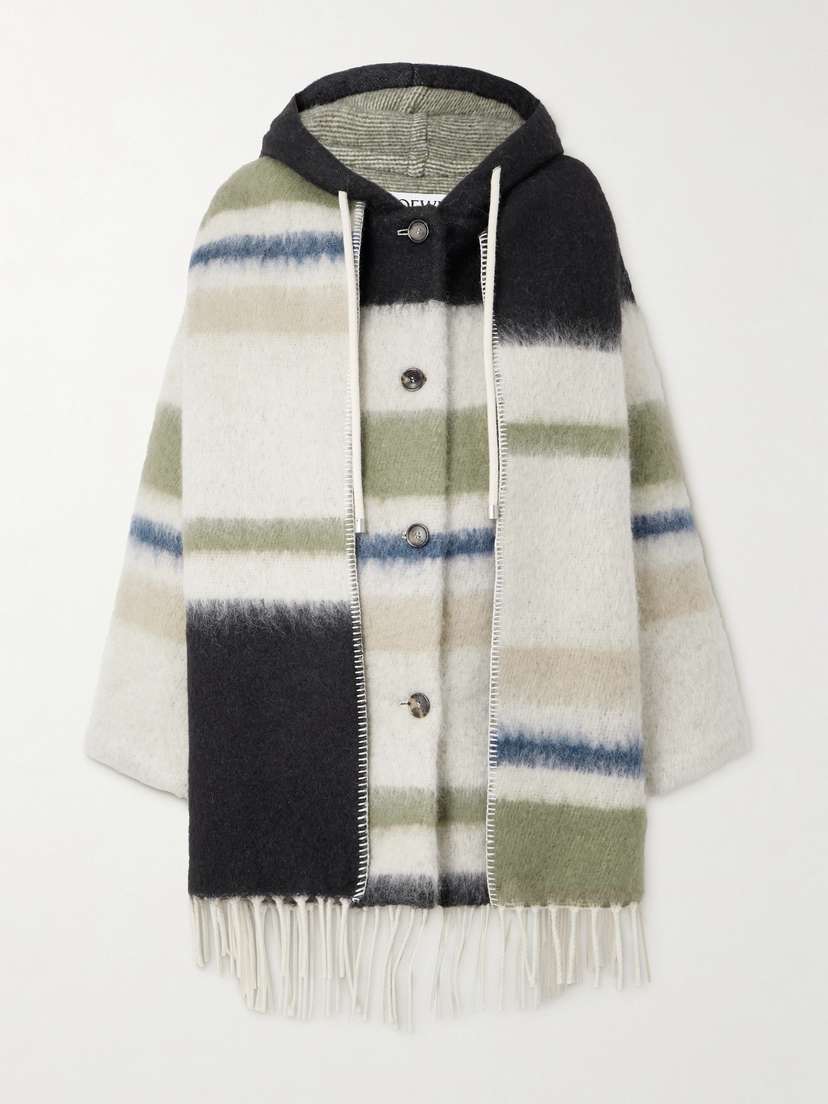 Loewe Hooded Fringed Scarf-detailed Striped Wool-blend Coat