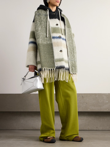 Loewe Hooded fringed scarf-detailed striped wool-blend coat