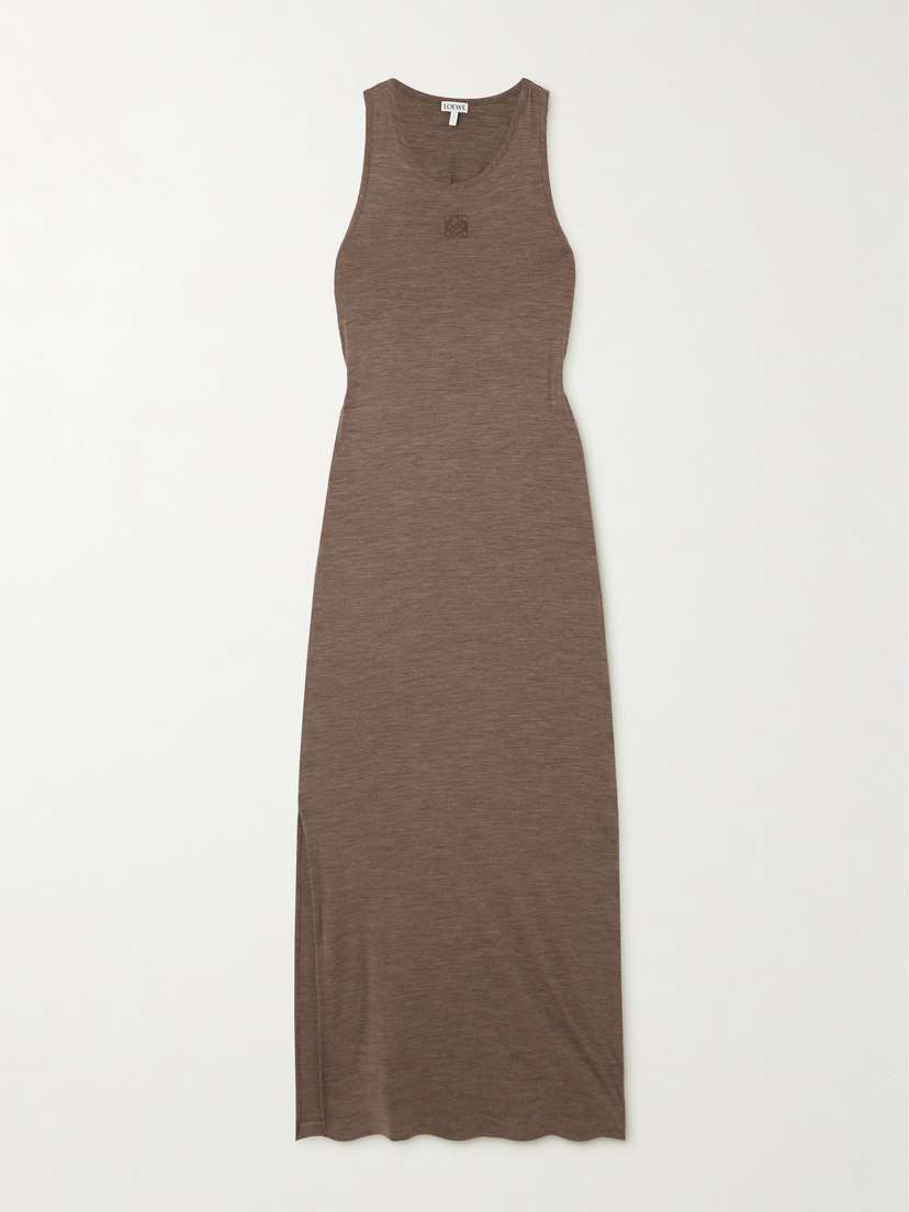 Loewe Anagram Embroidered Twist-back Wool-blend Jersey Maxi Dress