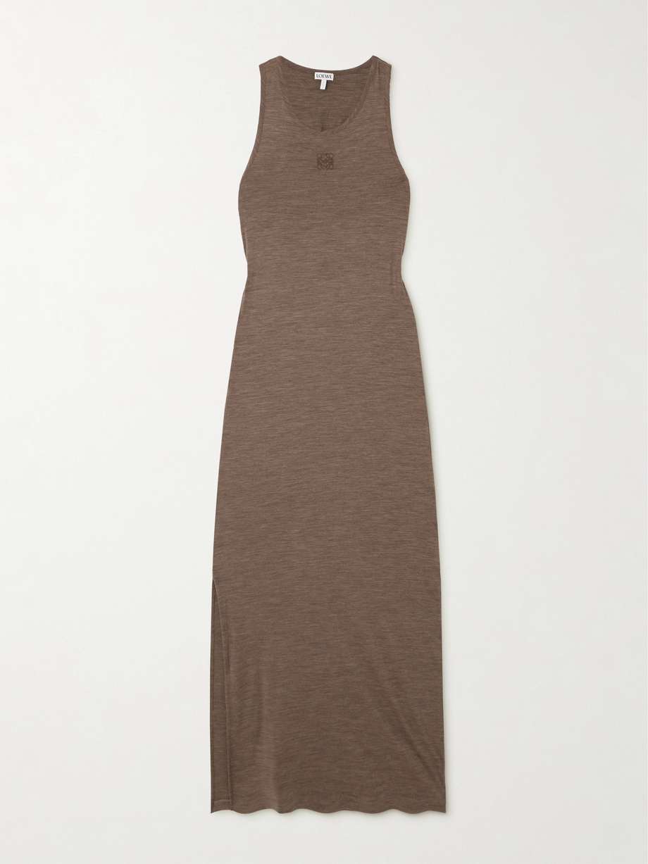 anagram embroidered twist-back wool-blend jersey maxi dress