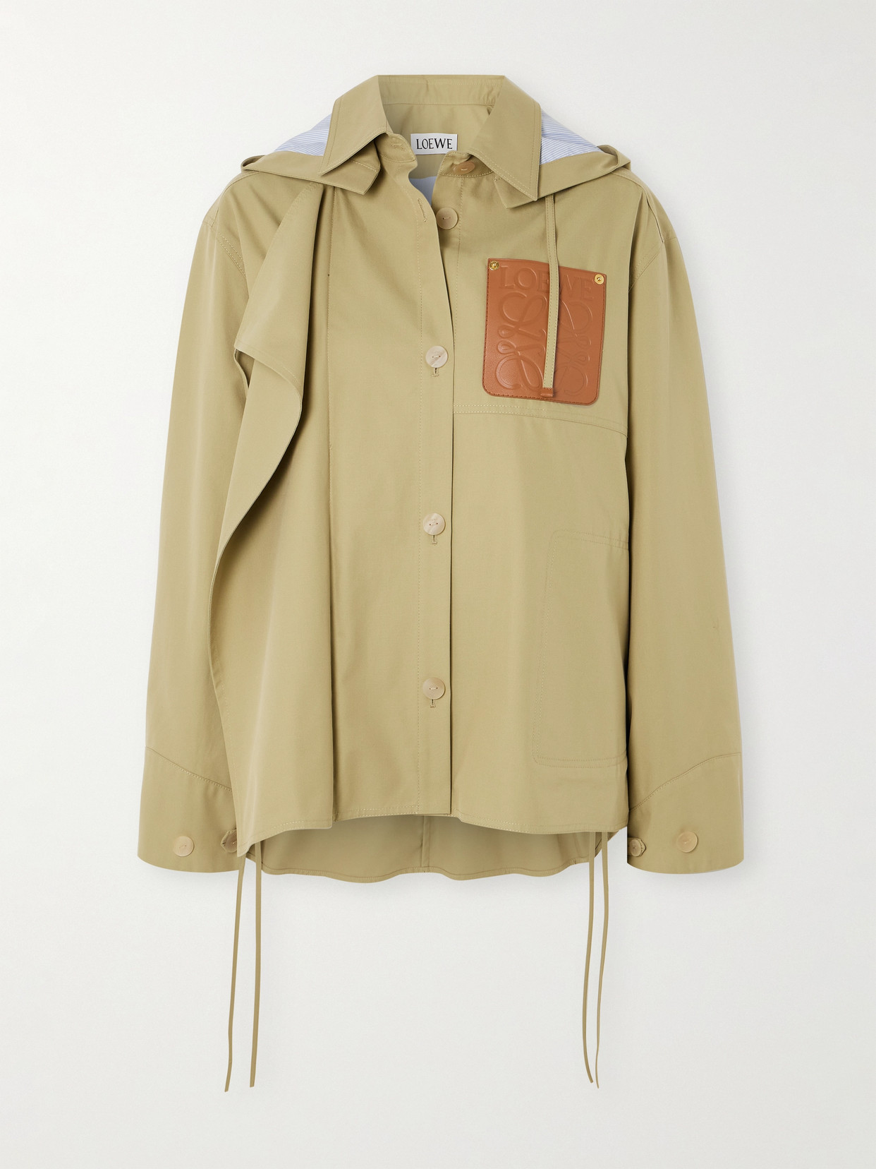 Loewe Anagram Hooded Cutout Leather And Poplin-trimmed Cotton-gabardine Jacket In Brown
