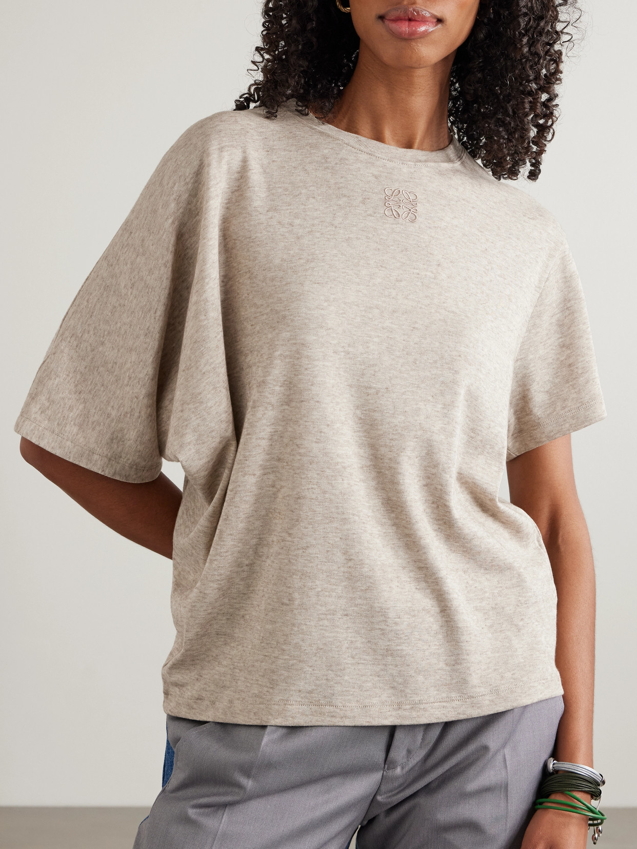 Loewe Embroidered Draped Cotton And Wool-blend Jersey T-shirt In Neutrals