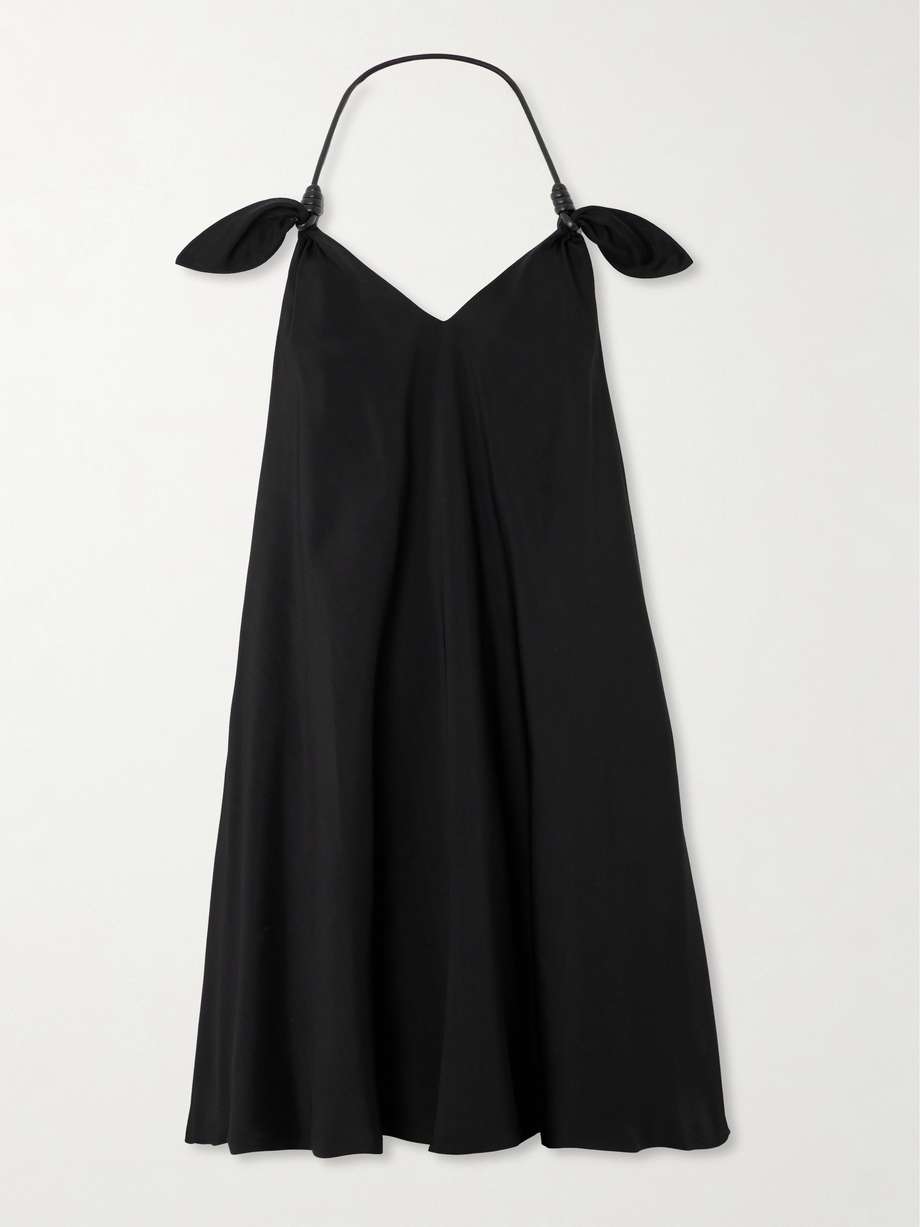 flamenco knotted leather-trimmed twill halterneck mini dress