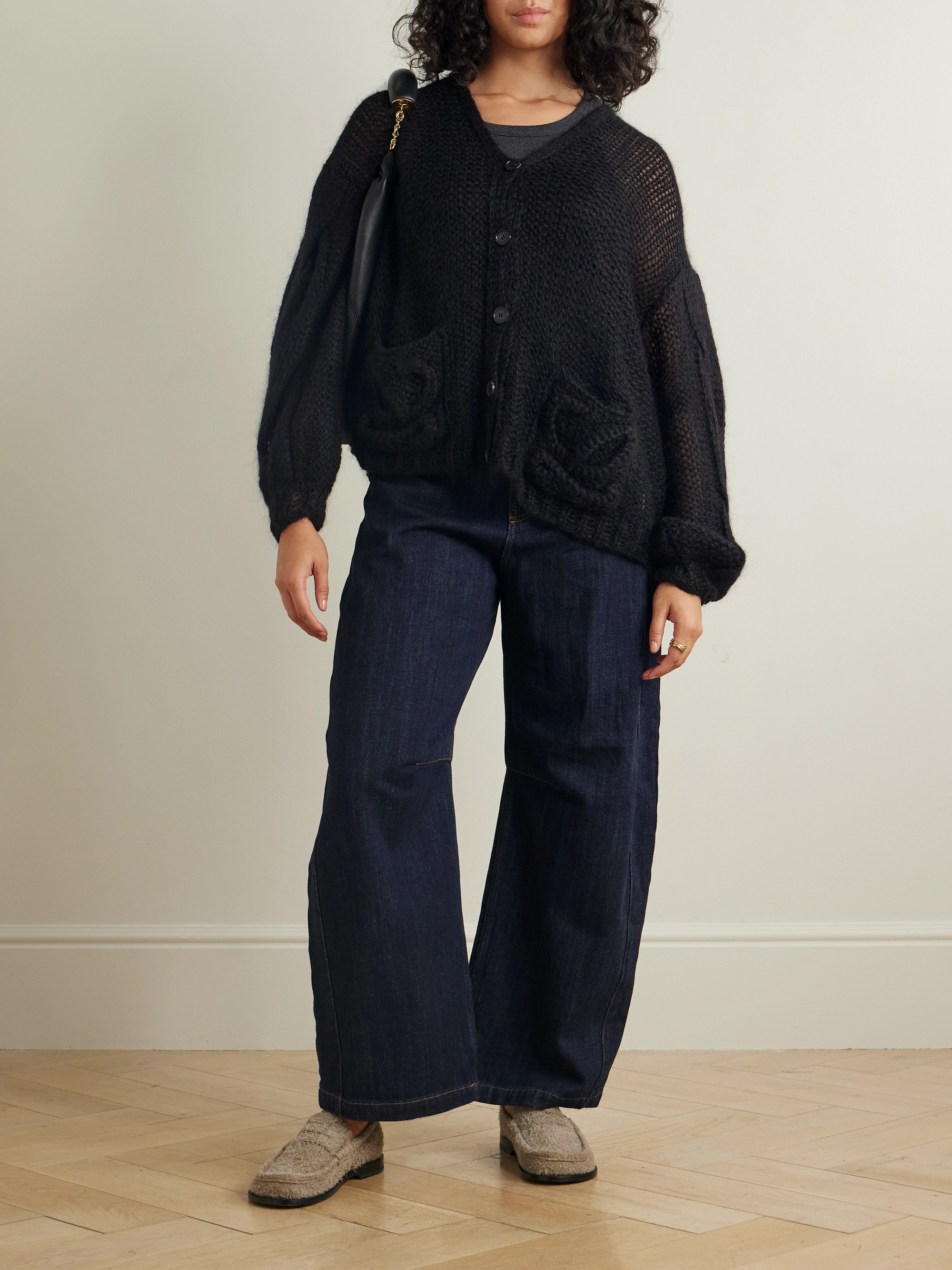 Loewe Anagram embroidered open-knit mohair-blend cardigan