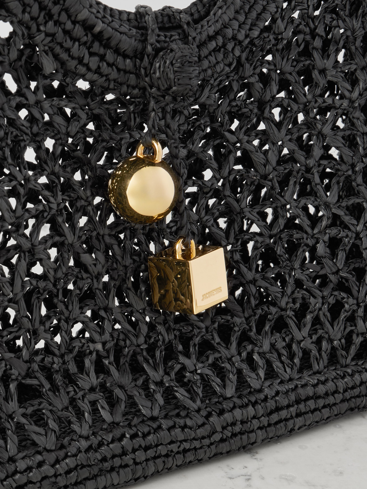 Jacquemus Carre Spiaggia Embellished Braided Raffia Tote In Black
