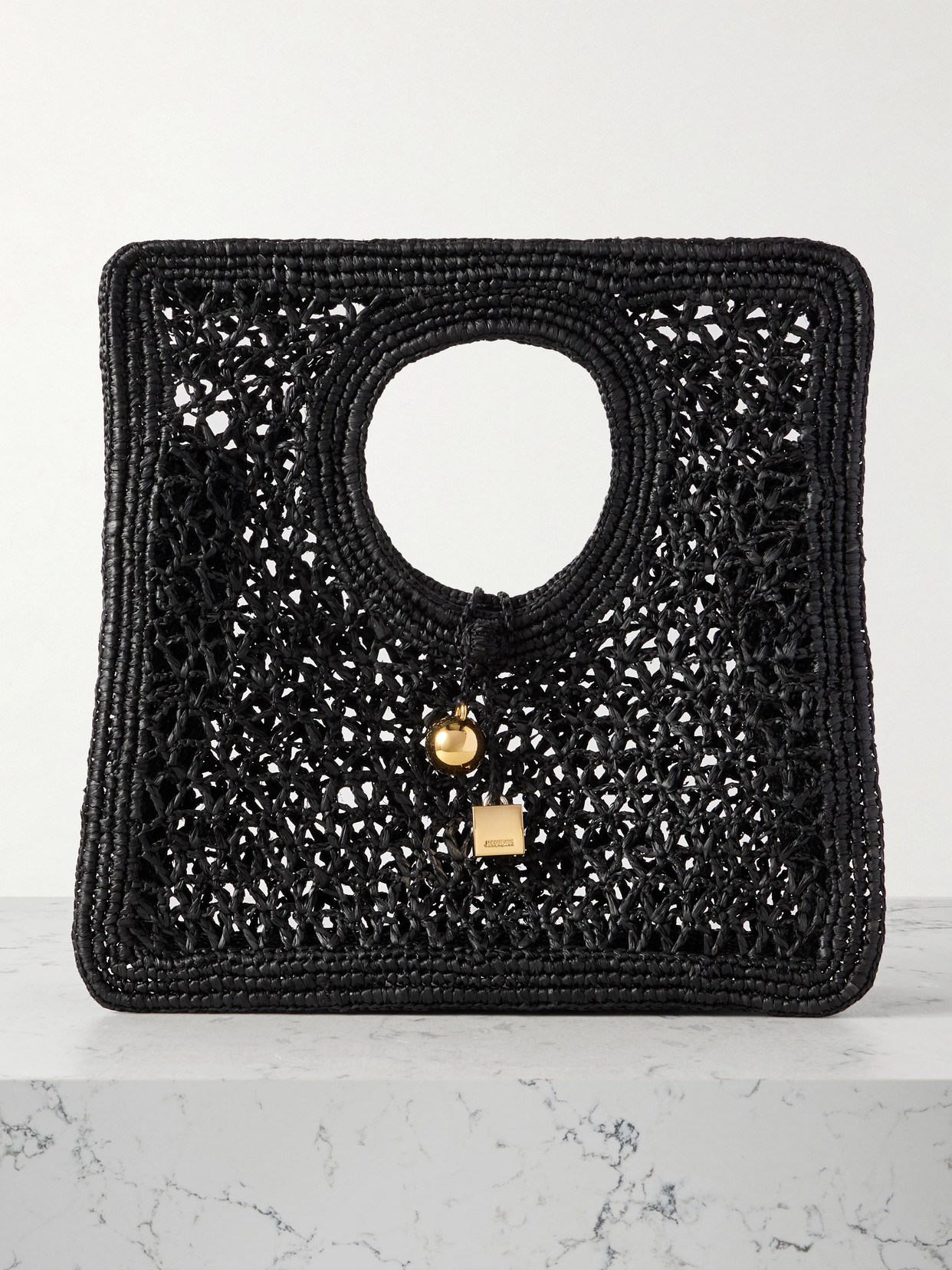 Jacquemus Carre Spiaggia Embellished Braided Raffia Tote In Black