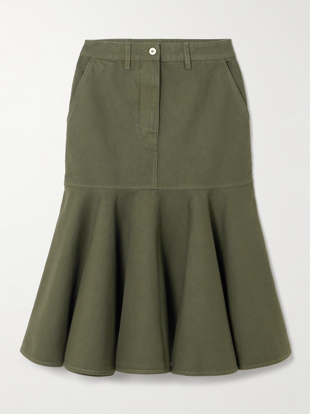 LOEWE - Ruffled Leather-trimmed Cotton-twill Midi Skirt - Army green