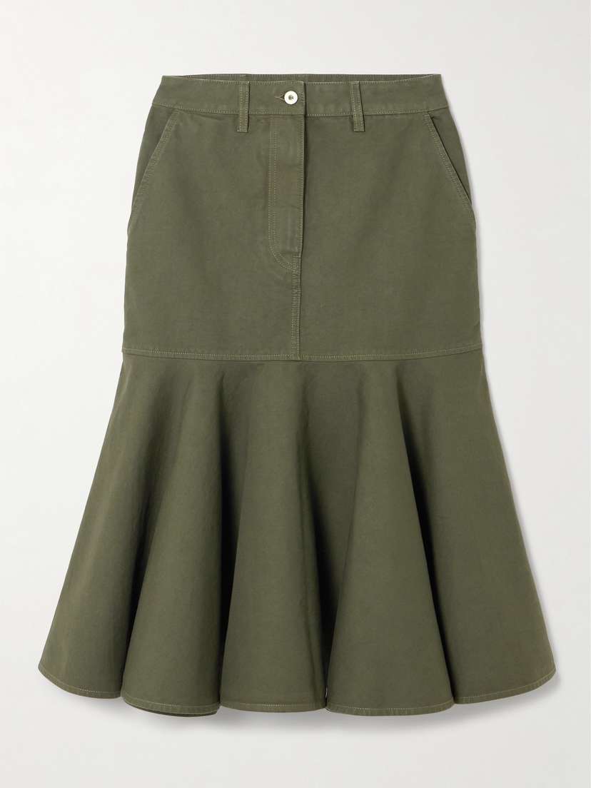 Loewe Ruffled Leather-trimmed Cotton-twill Midi Skirt