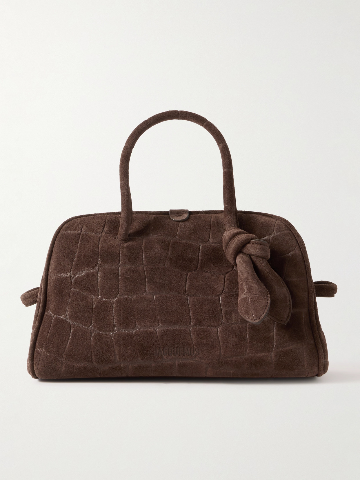 Jacquemus Le Petite Turisimo Knotted Croc-effect Suede Tote In Brown